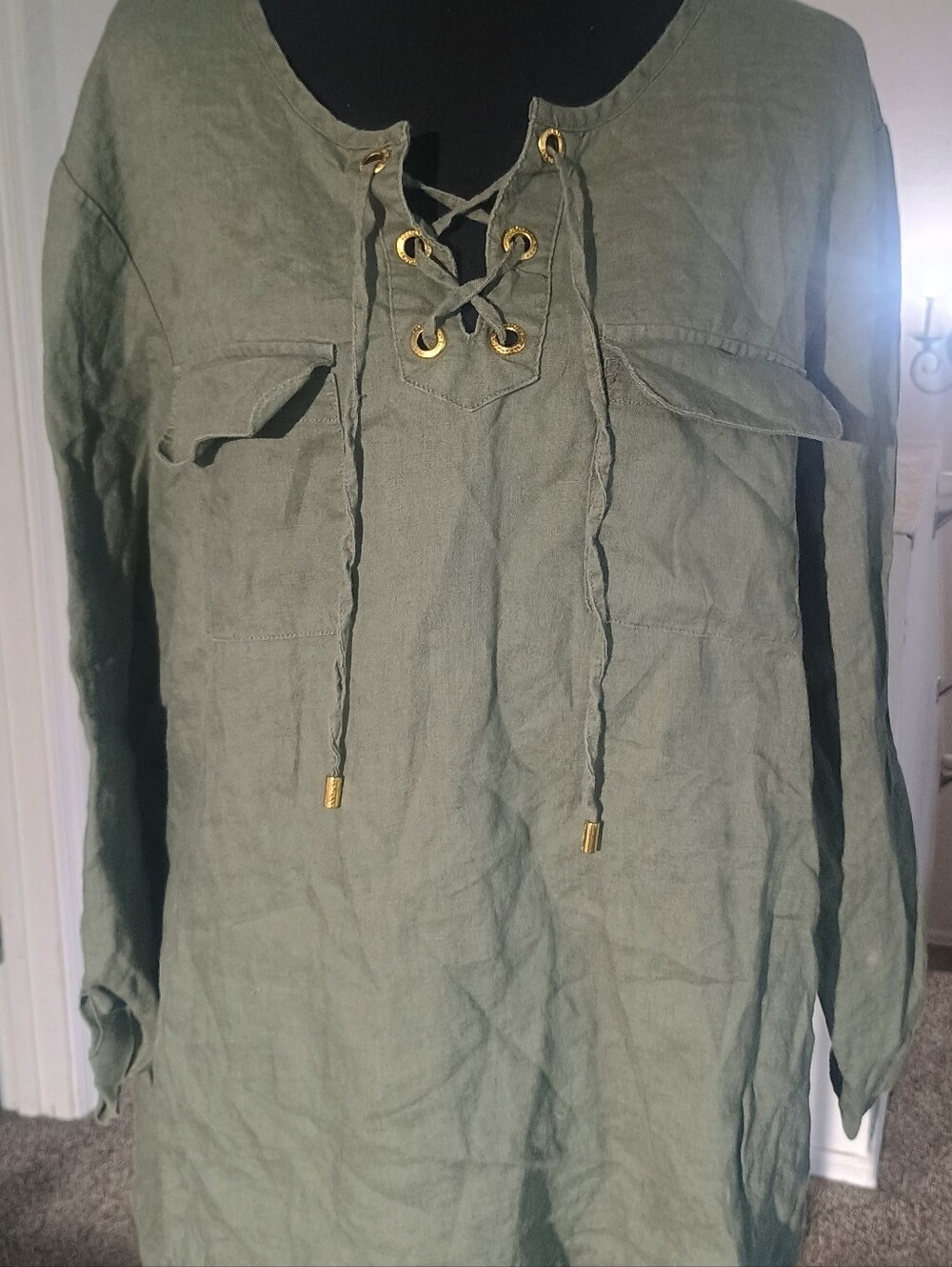 Ellen Tracy Olive Green Lace-Up Long-Sleeve Shirt